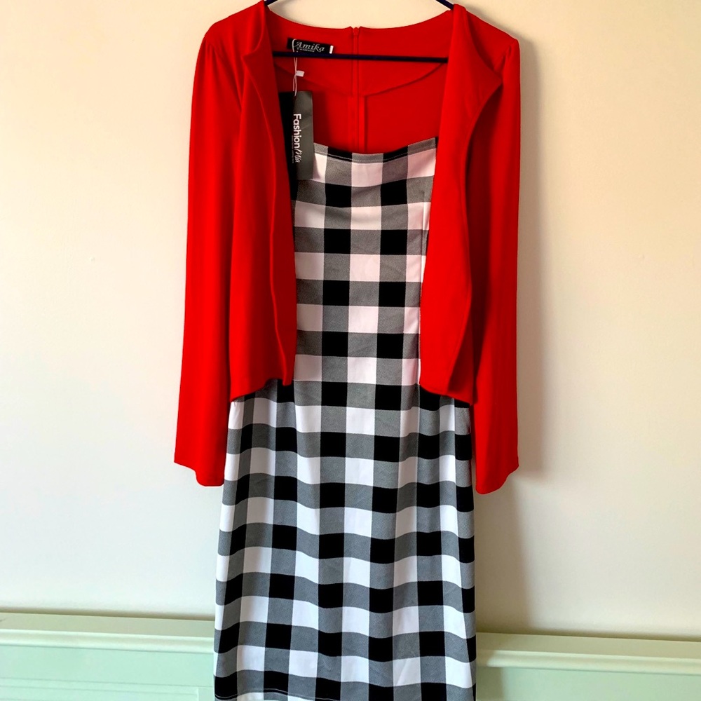 Checkered dress with cardigan attached